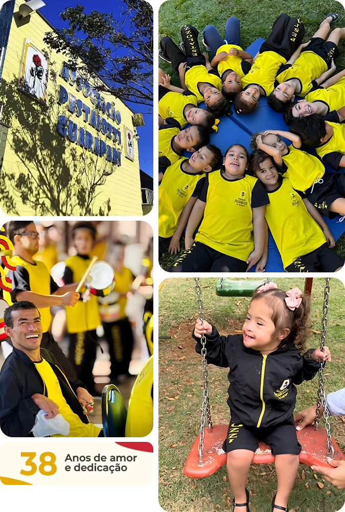 Selo de 38 anos de amor e dedicação sobreposto a um mosaico de fotos da Associação Pestalozzi de Guarapari, mostrando a fachada da sede, crianças no gramado, aluno no balanço e a fanfarra inclusiva.